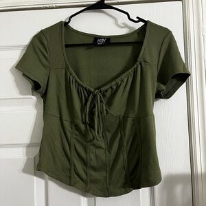 Green Tie Front Fitted Crop Top